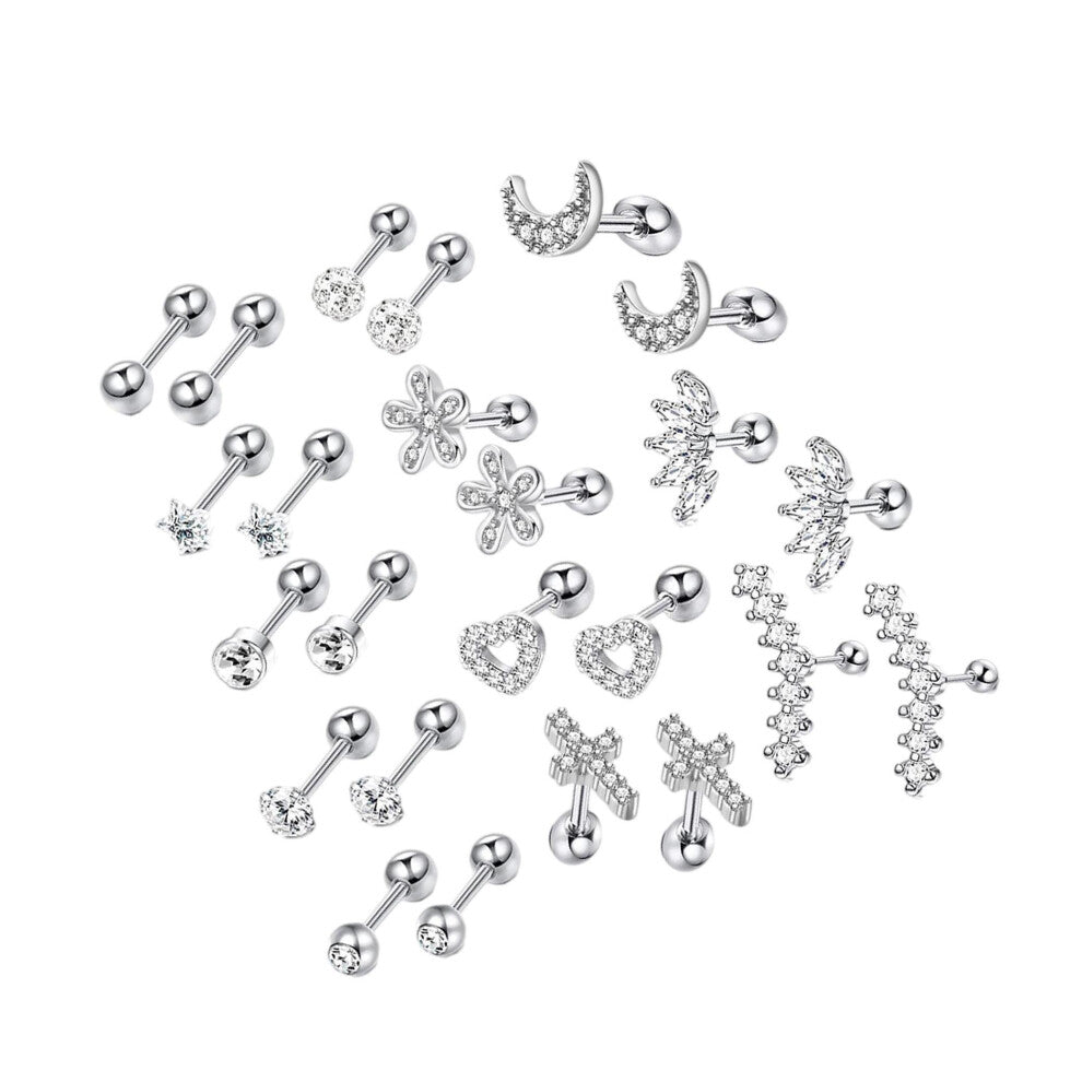 (Silver) 24Pcs Chic Earrings Set Stylish Barbell Accessories for Men and Women