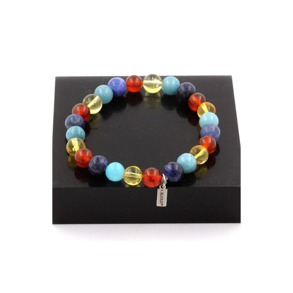 Stones and Minerals. Sodalite + Aquamarine + Red Agate + Citrine Beads Bracelet 8 mm. Made in France.