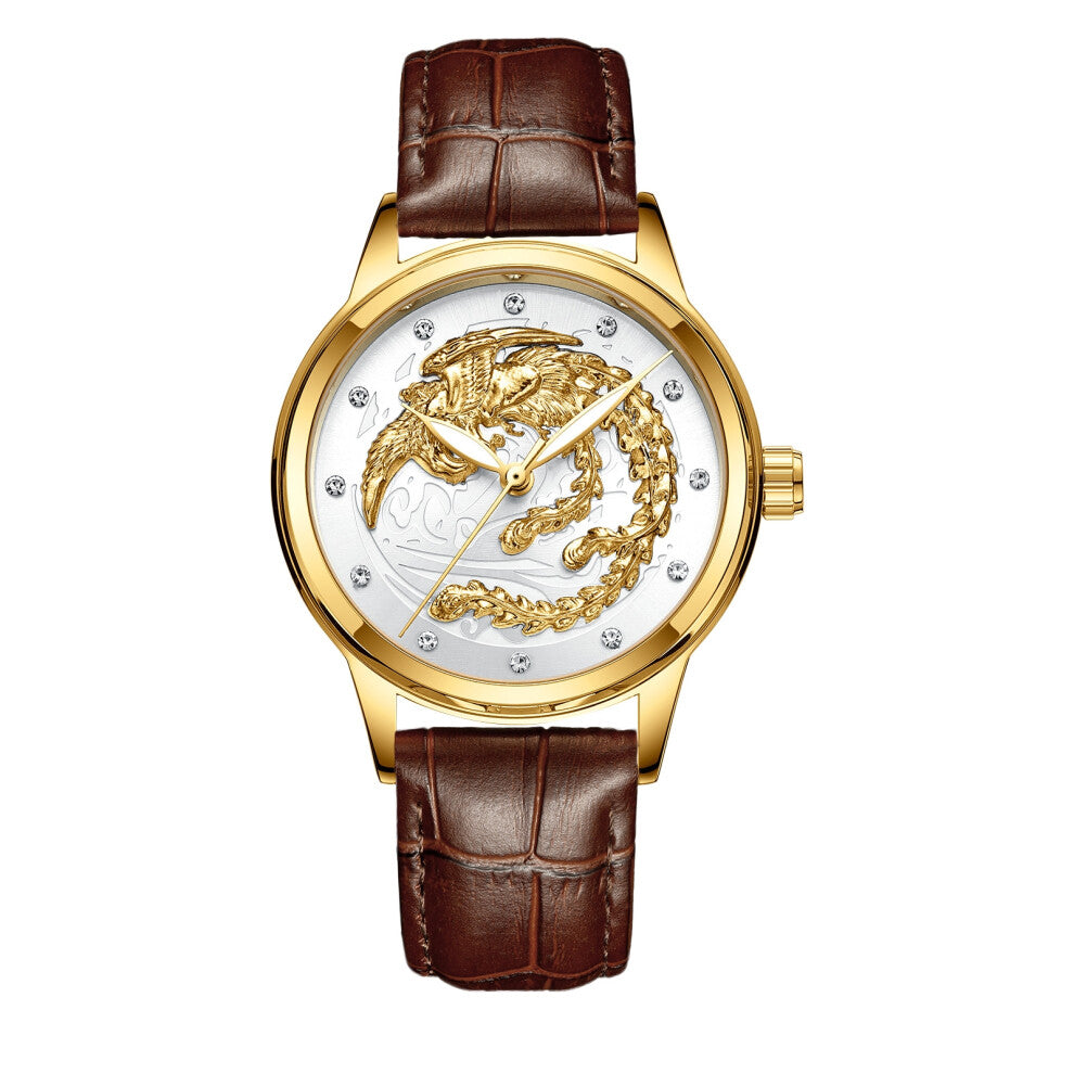 (Brown skin - all gold - white surface, Female style) Non-mechanical watches, women's watches, waterproof luminous watches, quartz dragon watches, fas
