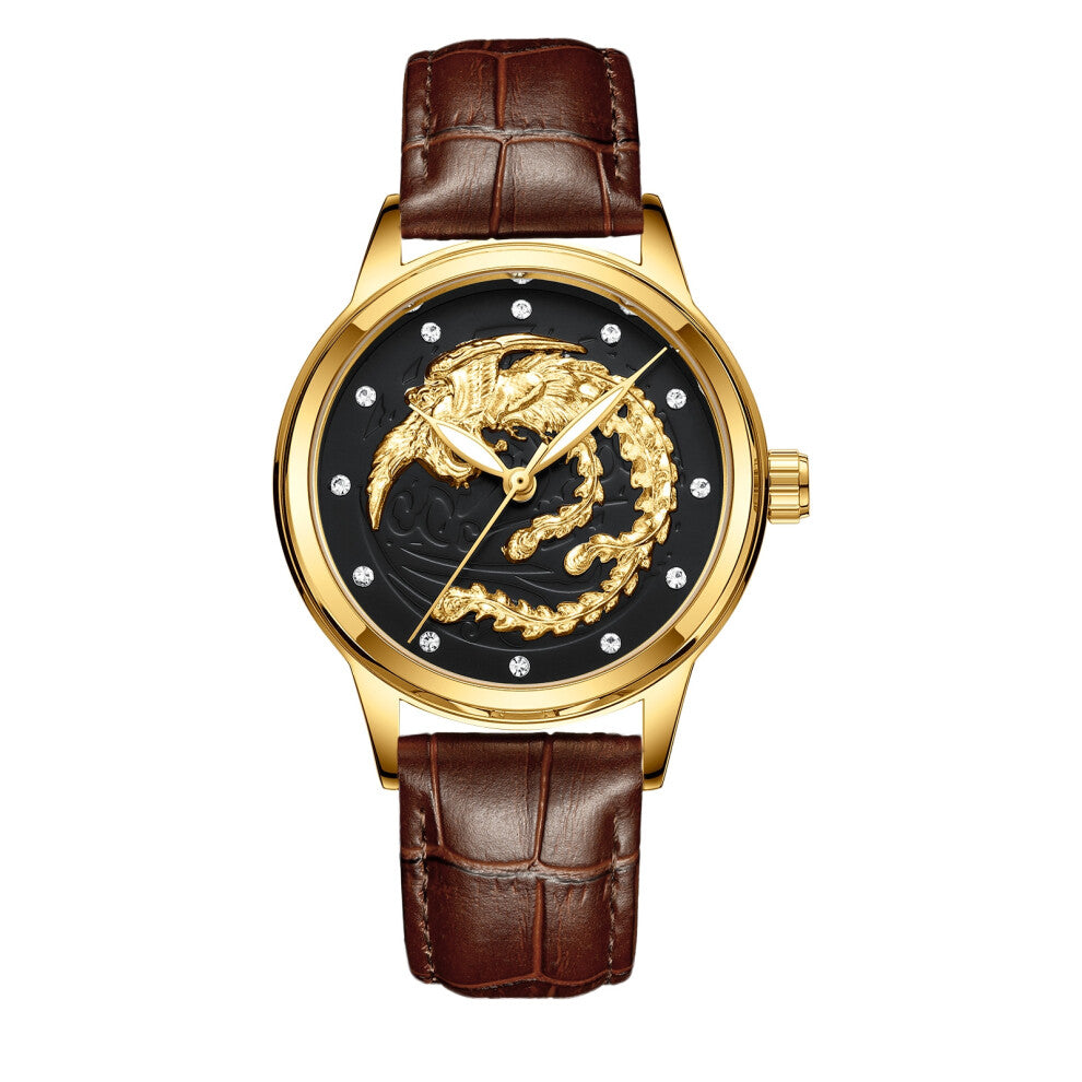 (Brown leather - all gold - black surface, Female style) Non-mechanical watches, women's watches, waterproof luminous watches, quartz dragon watches,