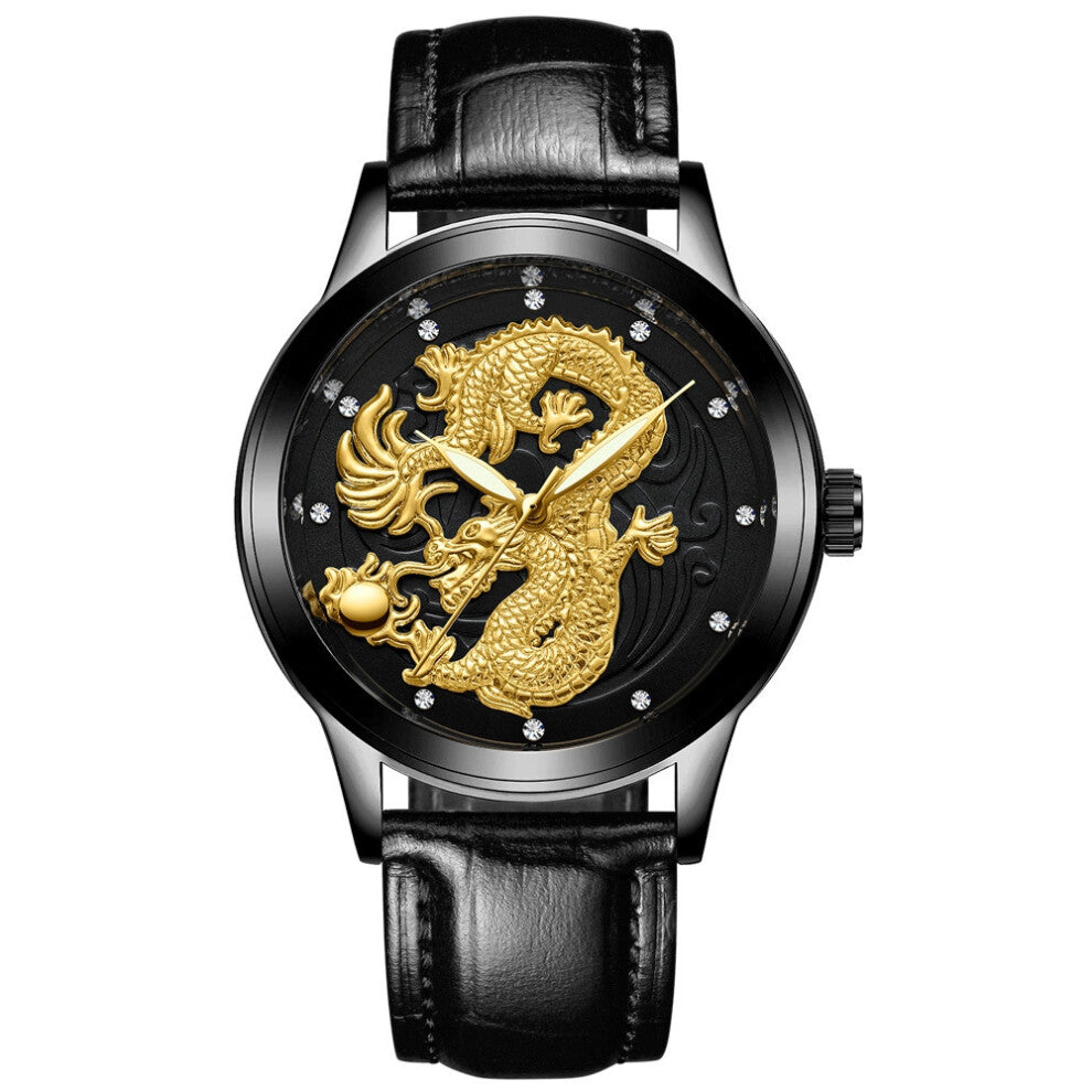 (Black skin - black steel - black surface, Male style) Non-mechanical watches, women's watches, waterproof luminous watches, quartz dragon watches, fa