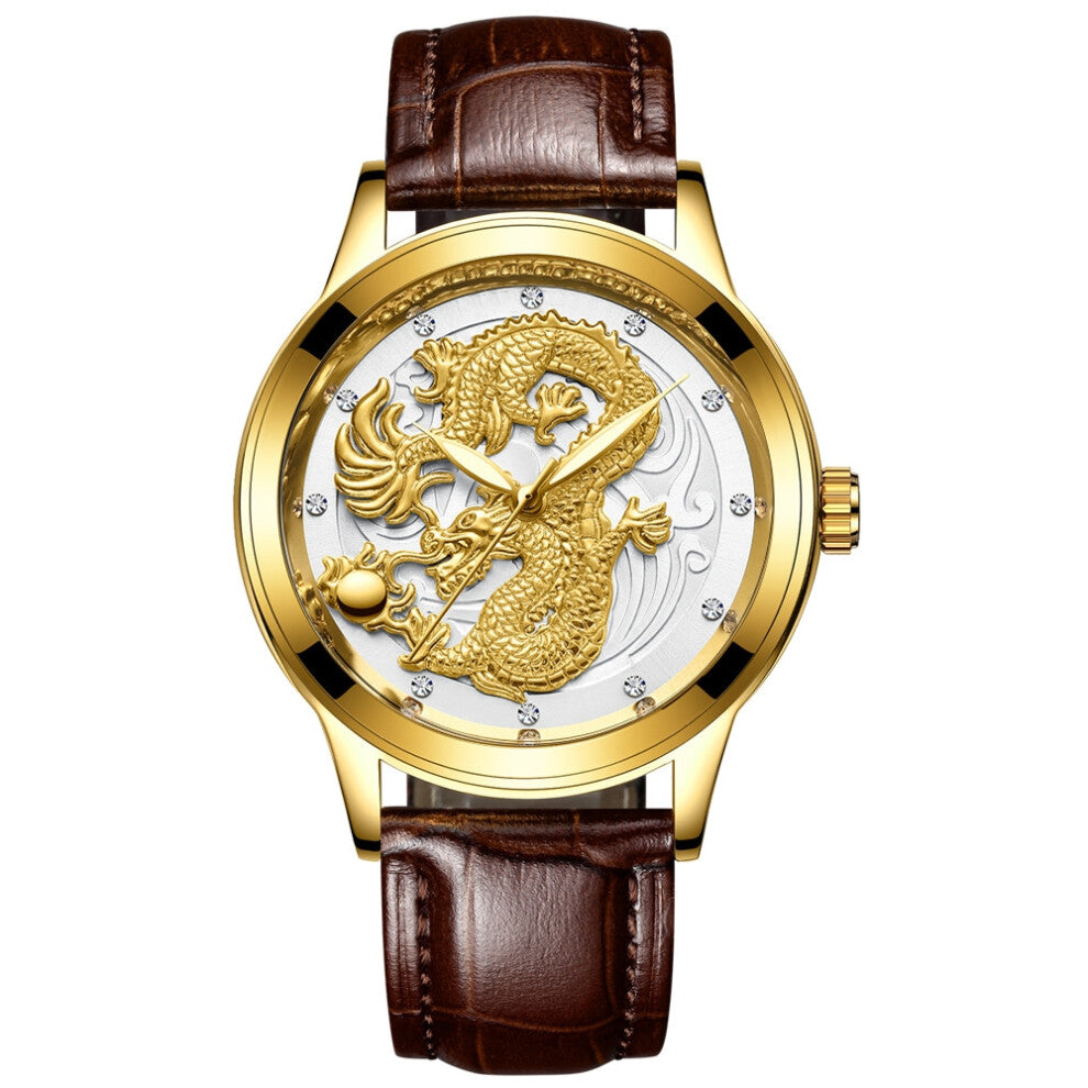 (Genuine leather - all gold - white surface, Male style) Non-mechanical watches, women's watches, waterproof luminous watches, quartz dragon watches,