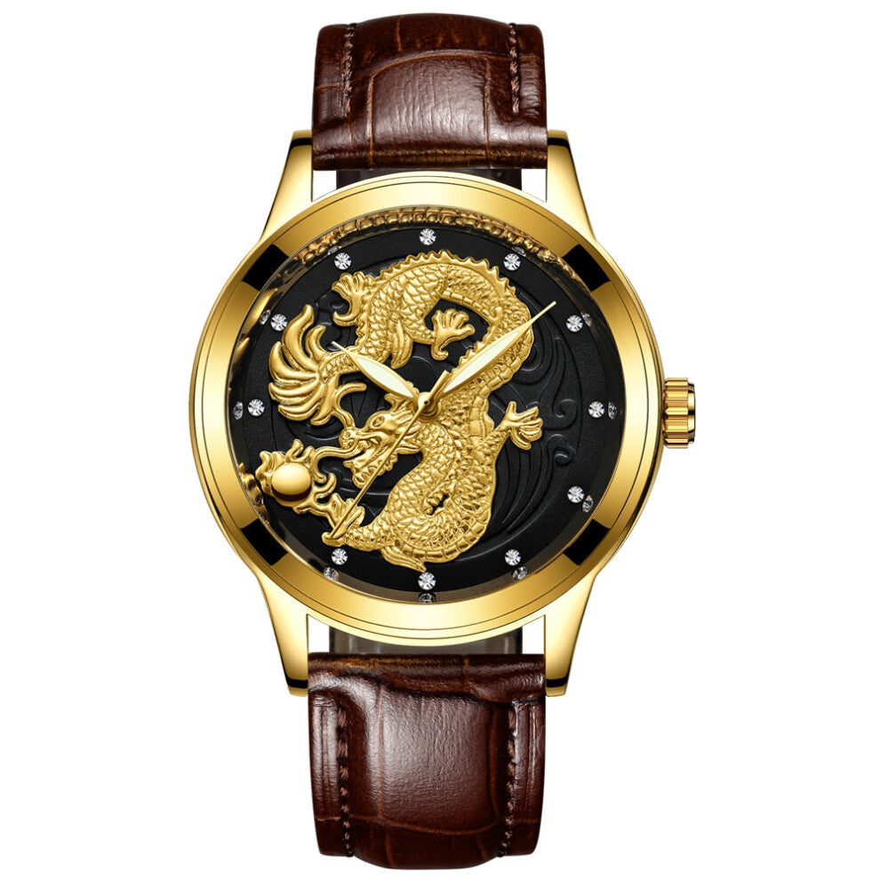 (Genuine leather - all gold - black surface, Male style) Non-mechanical watches, women's watches, waterproof luminous watches, quartz dragon watches,