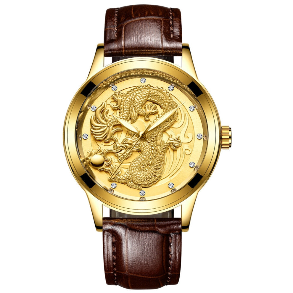 (Genuine leather - all gold - gold surface, Male style) Non-mechanical watches, women's watches, waterproof luminous watches, quartz dragon watches, f