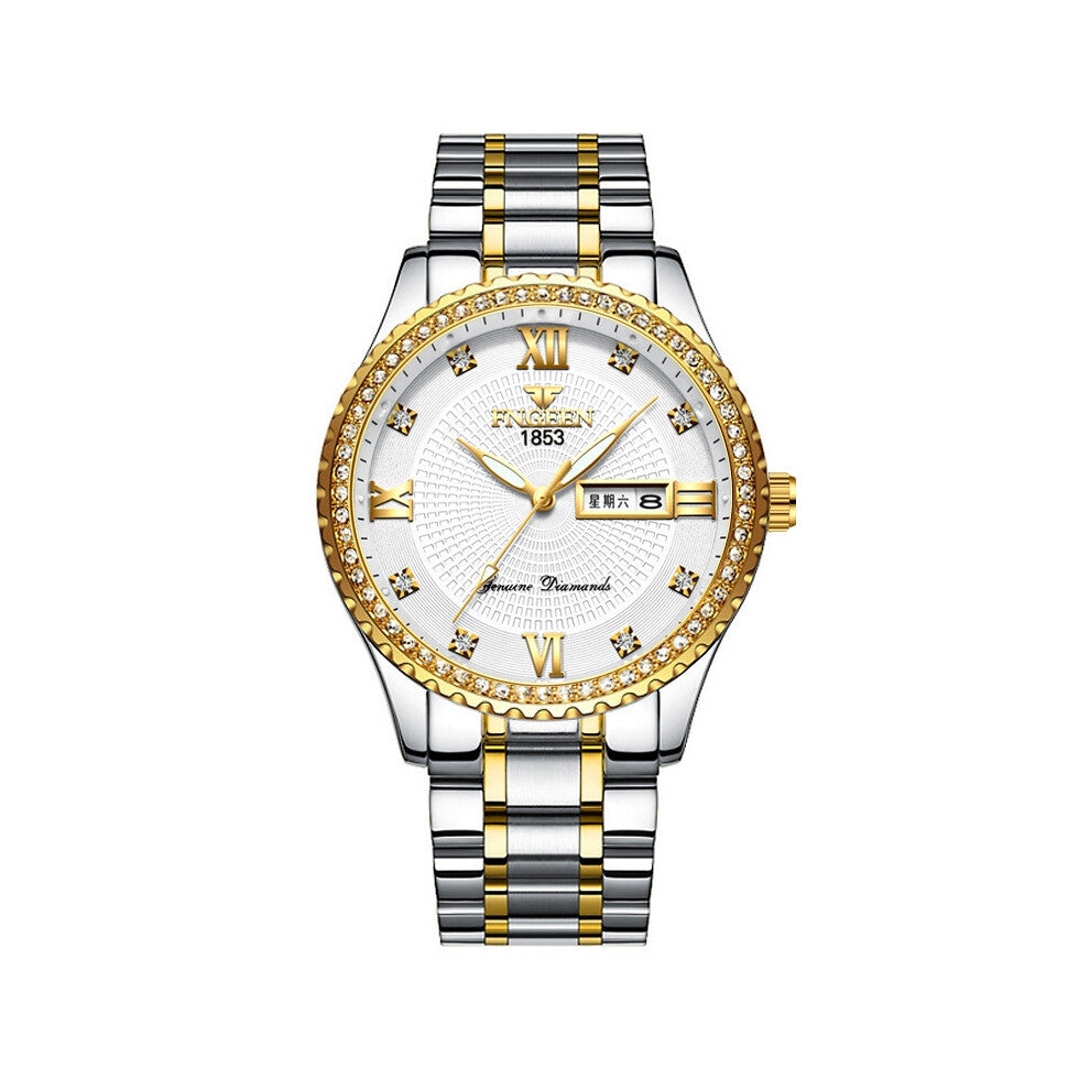 (? Steel sheet Strip ? Interlaced gold - white surface) Men's gold-plated non-mechanical watches, stainless steel luminous waterproof gold men's watch
