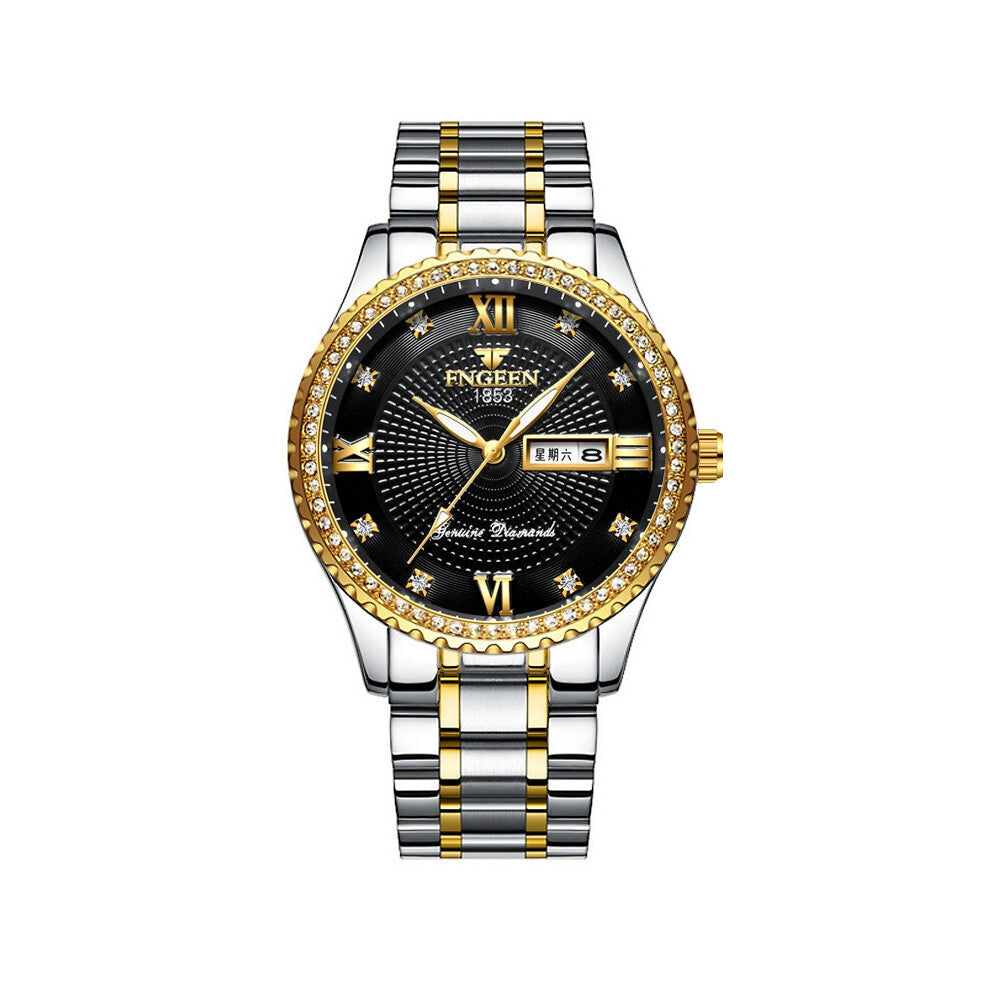 (? Steel sheet Strip ? Interlaced gold - black surface) Men's gold-plated non-mechanical watches, stainless steel luminous waterproof gold men's watch