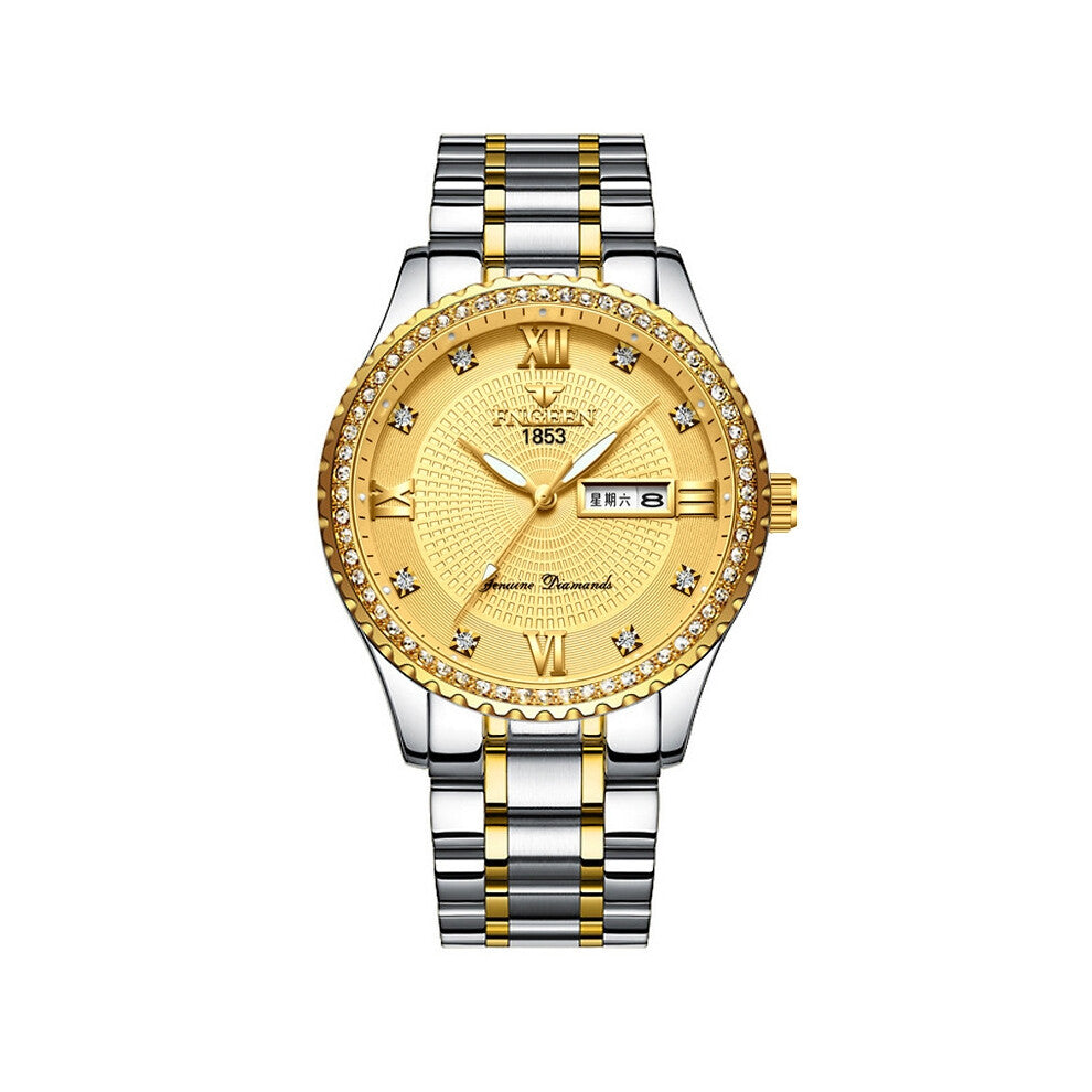 (? Steel sheet Strip ? Interlaced gold - gold surface) Men's gold-plated non-mechanical watches, stainless steel luminous waterproof gold men's watch