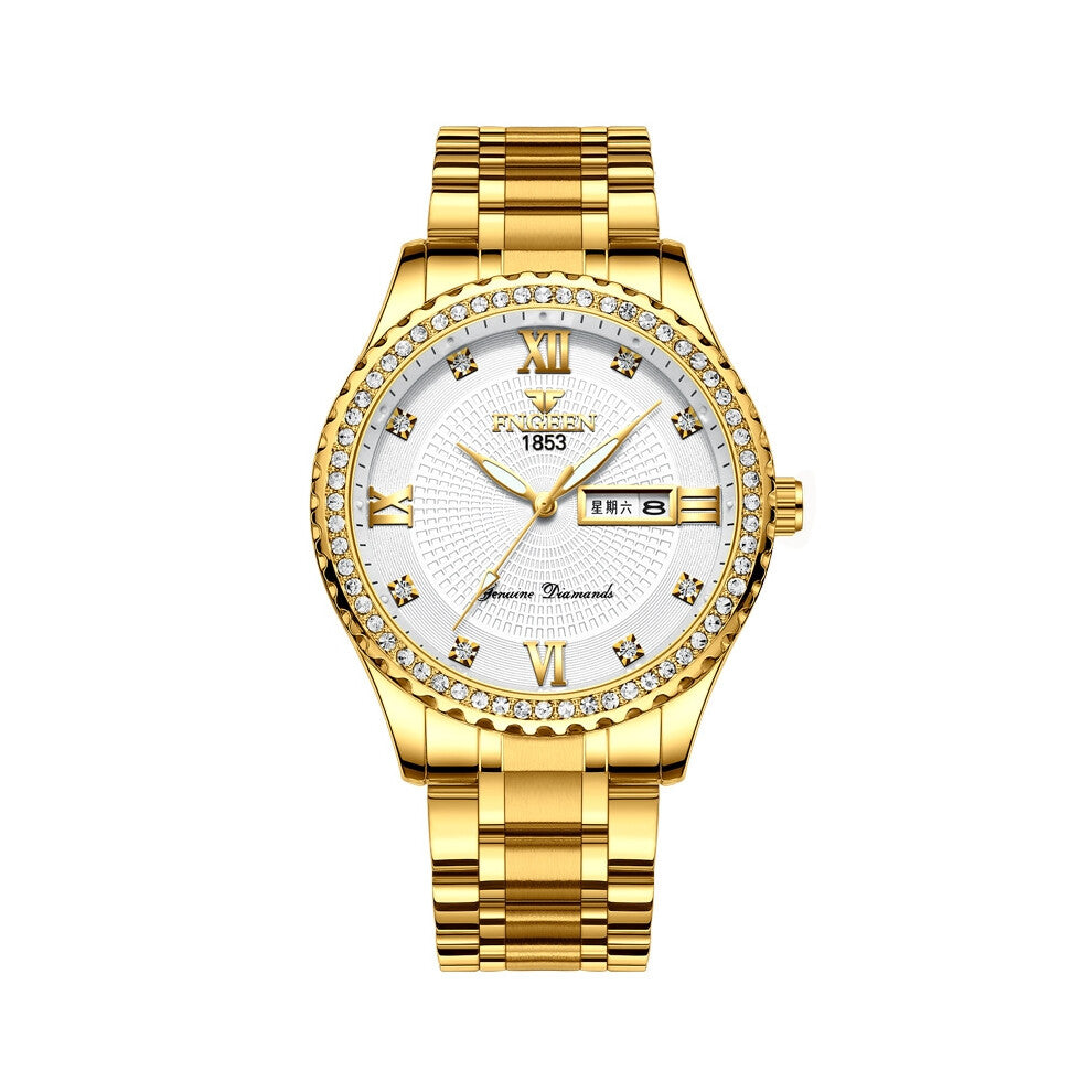 (? Steel sheet Strip ? All gold - white surface) Men's gold-plated non-mechanical watches, stainless steel luminous waterproof gold men's watch brand