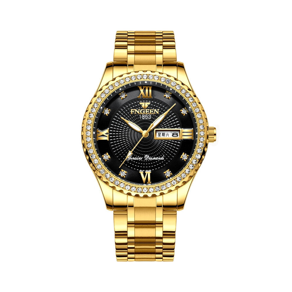 (? Steel sheet Strip ? All gold - black surface) Men's gold-plated non-mechanical watches, stainless steel luminous waterproof gold men's watch brand