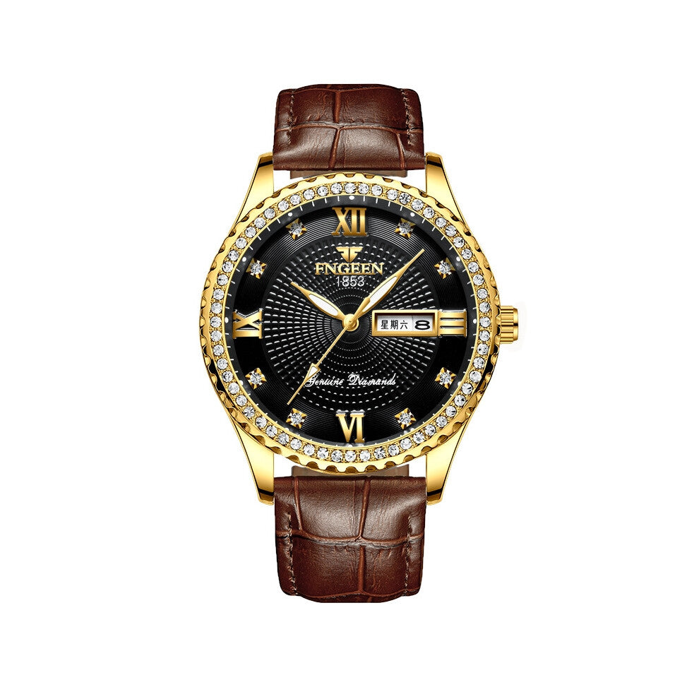 (? Brown genuine Leather ? All gold - black surface) Men's gold-plated non-mechanical watches, stainless steel luminous waterproof gold men's watch br