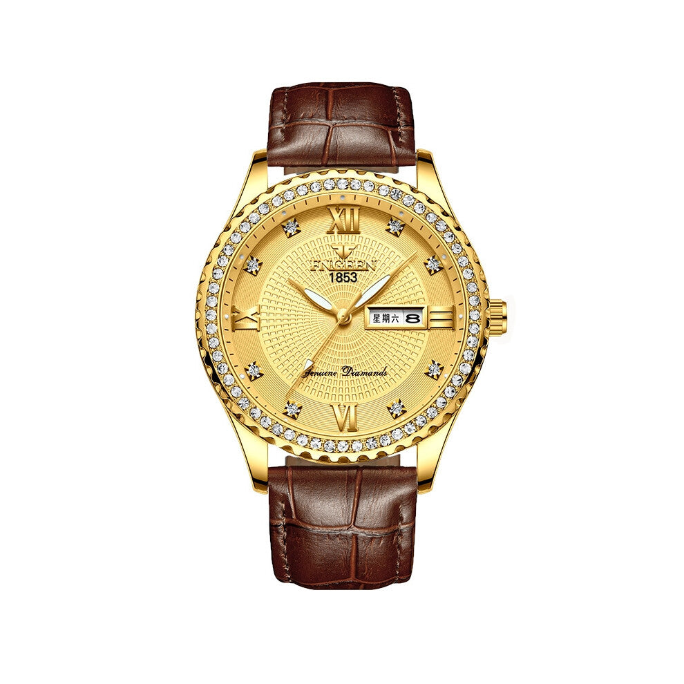 (? Brown genuine Leather ? All gold - gold surface) Men's gold-plated non-mechanical watches, stainless steel luminous waterproof gold men's watch bra