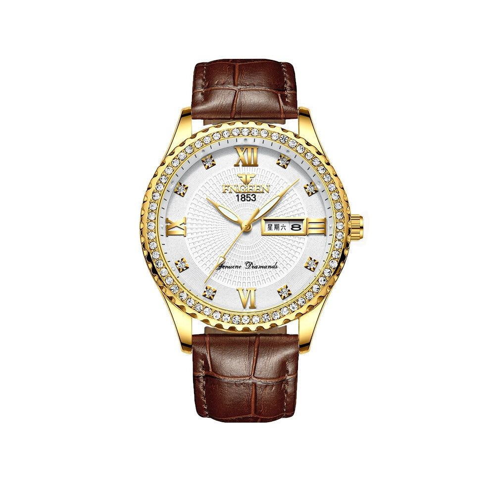 (? Brown genuine Leather ? All gold - gold surface - white surface) Men's gold-plated non-mechanical watches, stainless steel luminous waterproof gold