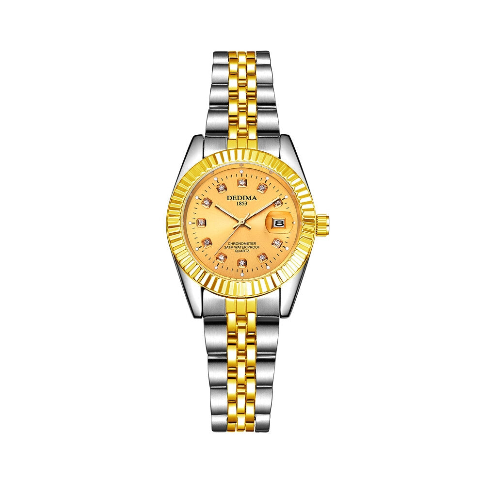 (Female style, Style FF) Fashionable couple steel band watches, waterproof high-end gold watches for men and women, student calendar, interlaced gold