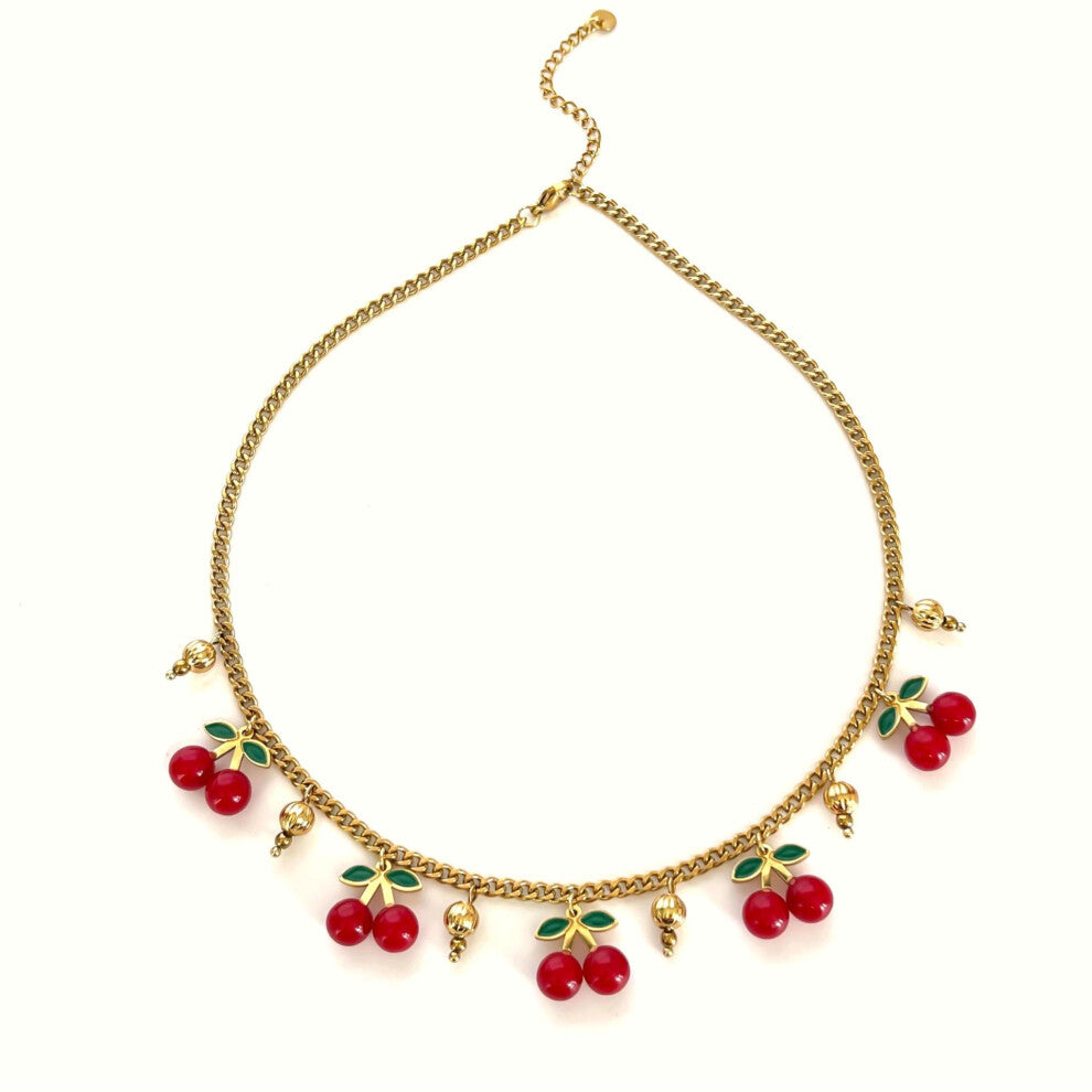 (Golden) Sweet stainless steel red acrylic cherry multi-pendant necklace, fashionable and clear, ladies' collarbone chain
