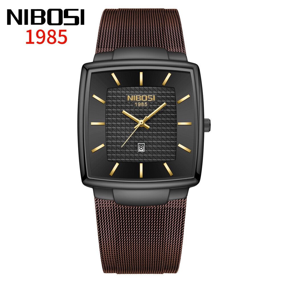 (All-black gold nail coffee-colored mesh belt) New men's casual square personalized mesh strap watch
