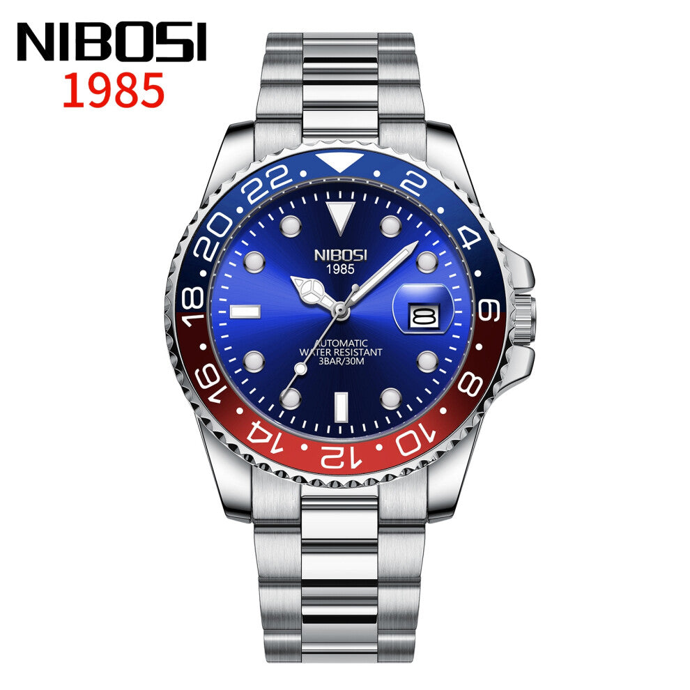 (Steel blue red ring steel band quartz) Quartz men's watches, high-quality waterproof men's watches