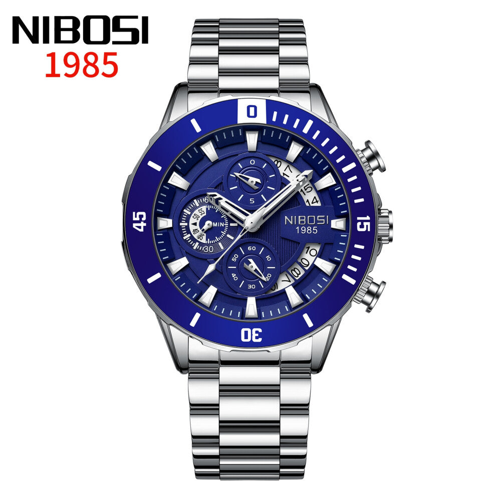 (Steel blue steel strip) Men's solid steel band business watch, waterproof calendar with large hour markers, men's quartz watch