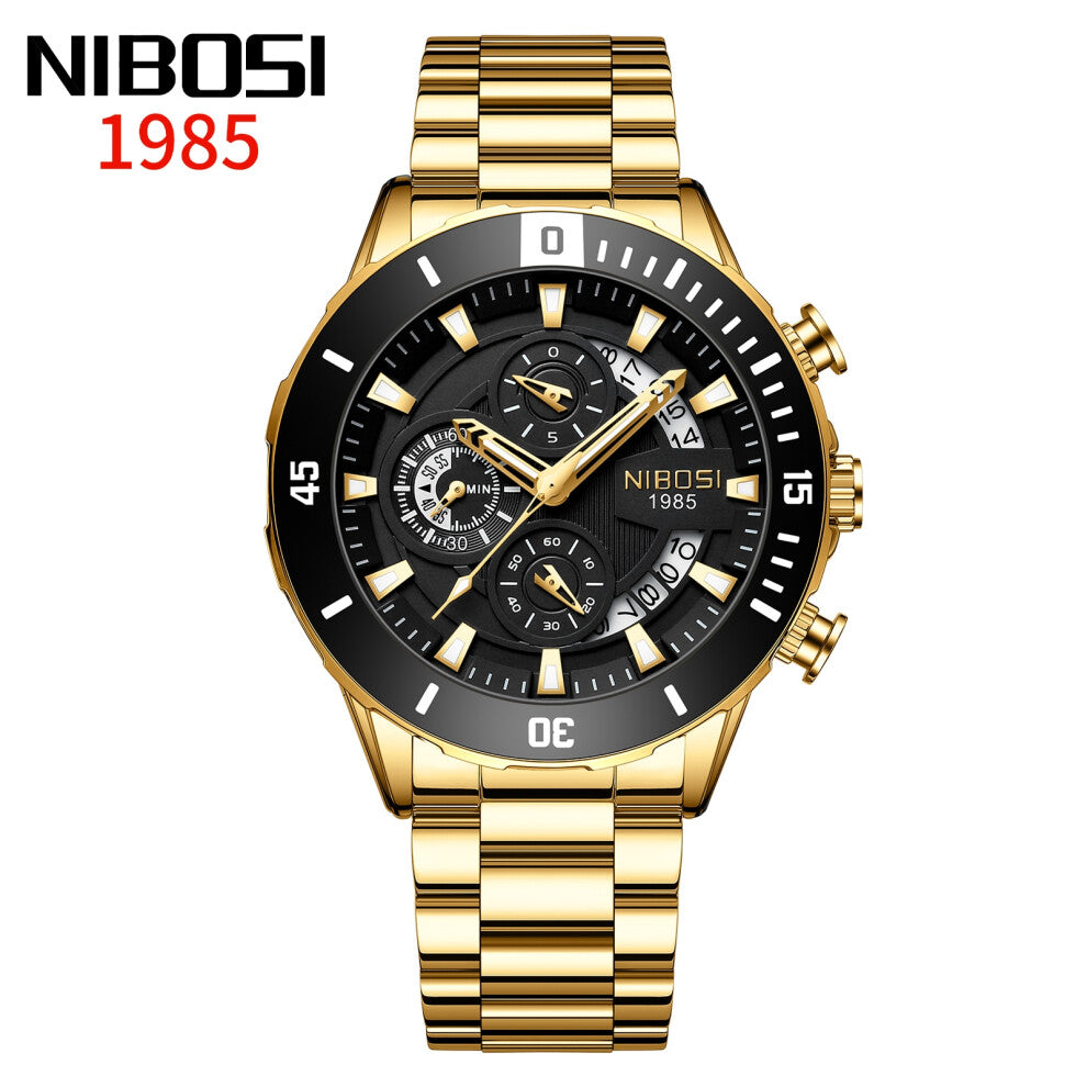 (Gold and black steel belt) Men's solid steel band business watch, waterproof calendar with large hour markers, men's quartz watch