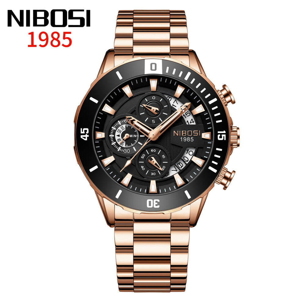 (2592Rose-black steel belt) Men's solid steel band business watch, waterproof calendar with large hour markers, men's quartz watch