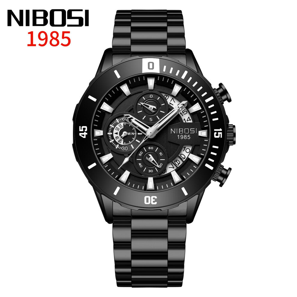 (All-black steel band with silver nails) Men's solid steel band business watch, waterproof calendar with large hour markers, men's quartz watch