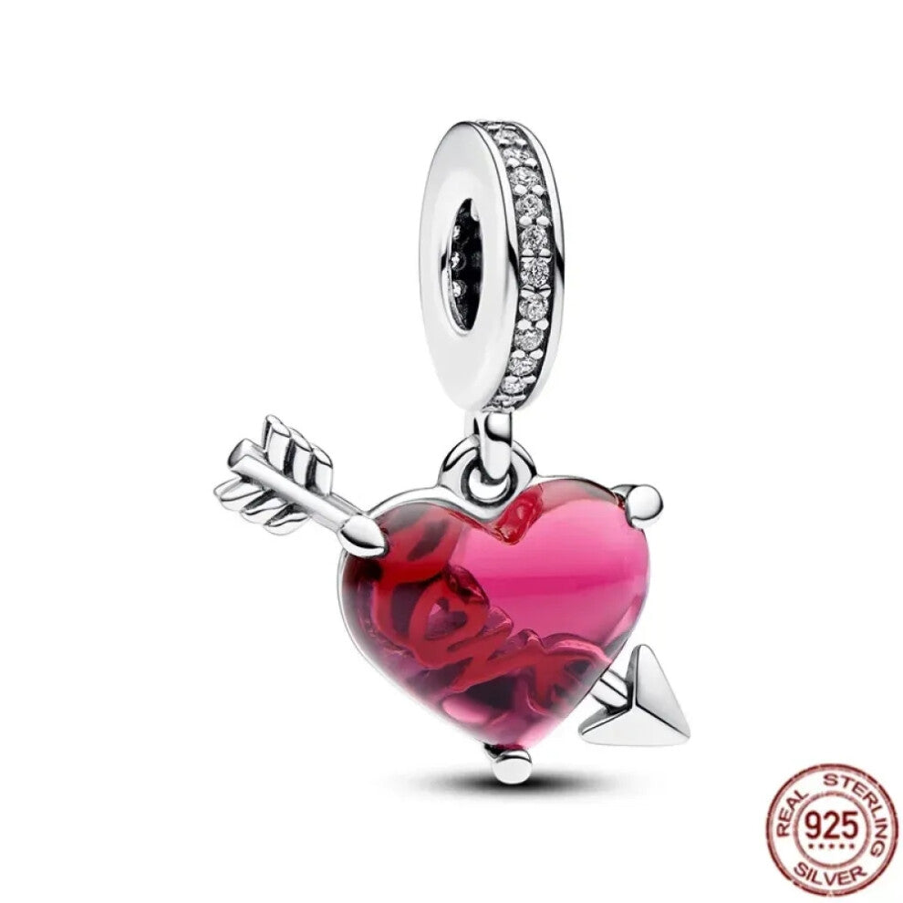 (SS1929) Original 925 Sterling Silver Pink Love Potion Murano Glass Heart Charms Beads for DIY Bracelet Women Jewellery Gift