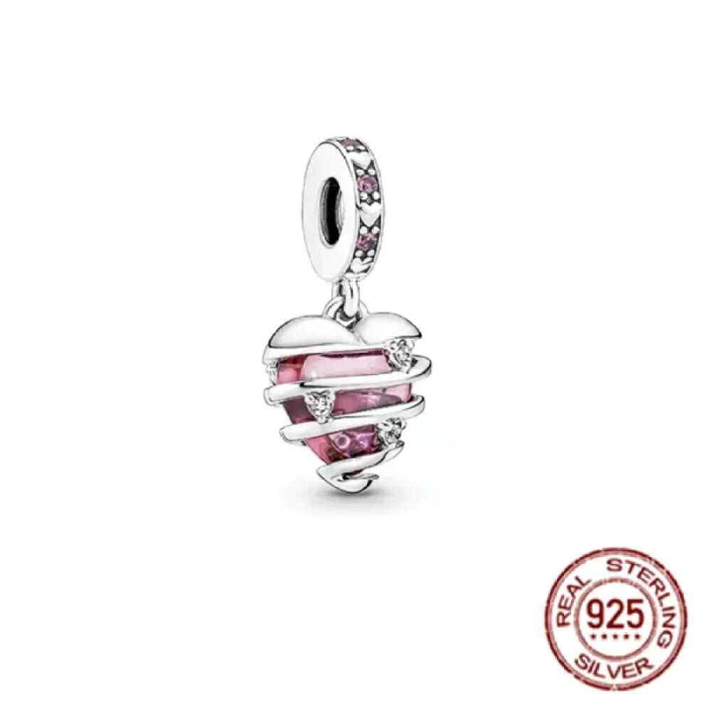 (SS391) Original 925 Sterling Silver Pink Love Potion Murano Glass Heart Charms Beads for DIY Bracelet Women Jewellery Gift