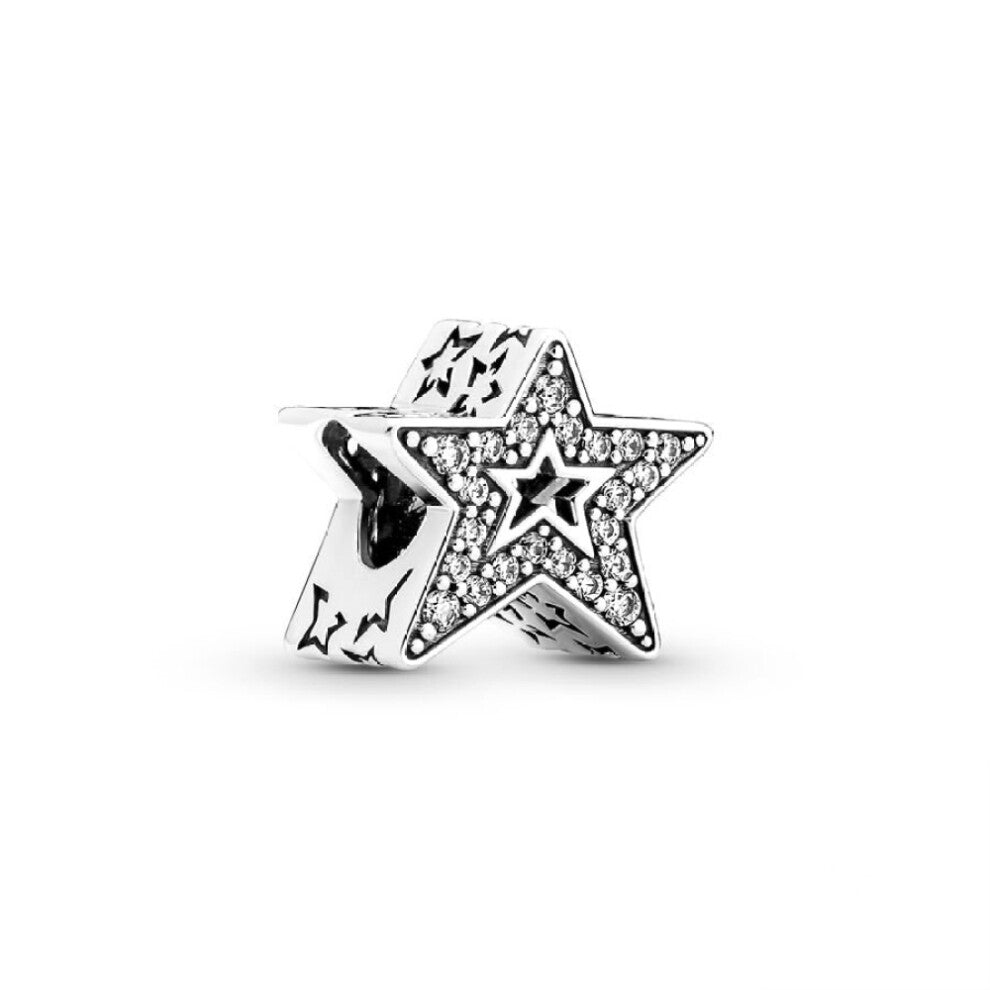 (SS55) New Fine Clear Sparkle Hearts Spacer Pavé Cilp Charms Beads Plated Fit Original Brand Logo 1:1 925 Sterling Silver Bracelet DIY Jewelry