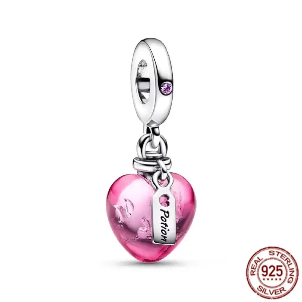 (SS1454) Original 925 Sterling Silver Pink Love Potion Murano Glass Heart Charms Beads for DIY Bracelet Women Jewellery Gift