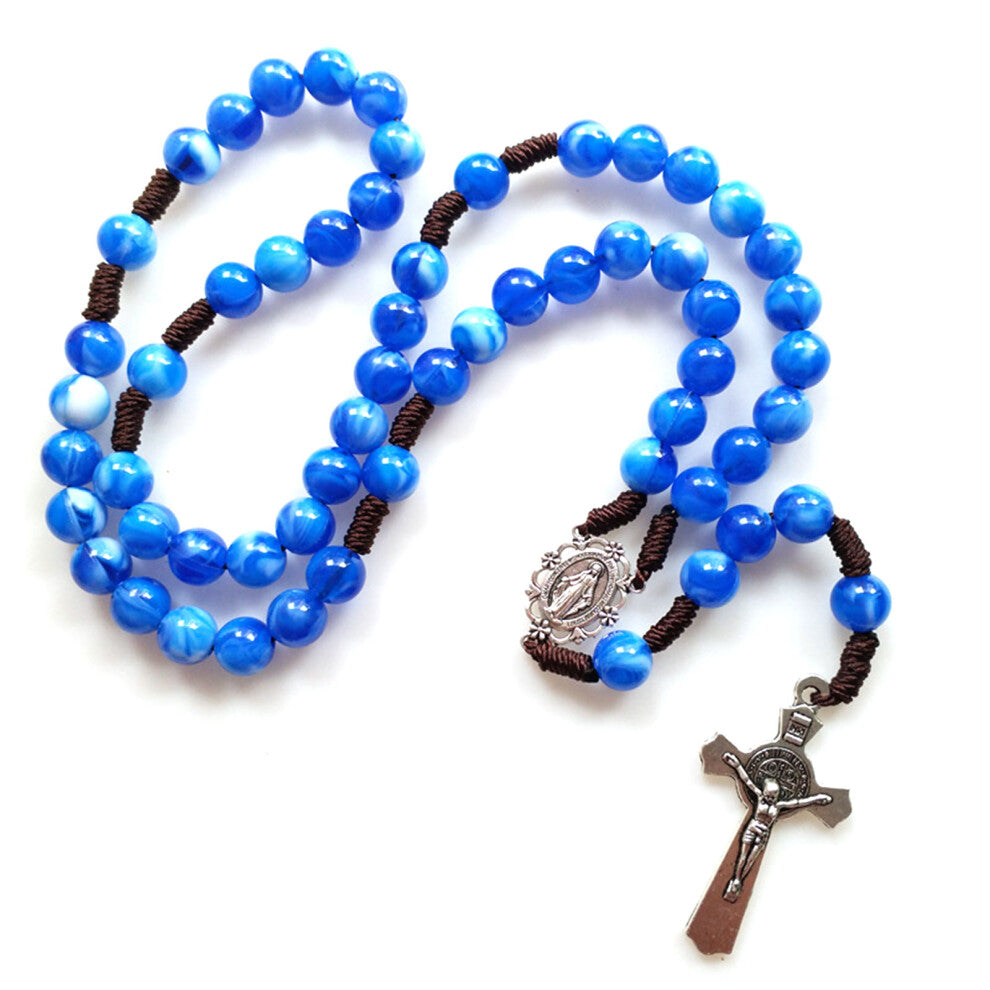 Rustic Agate Catholic Rosary Necklace Hanging Charm-Blue