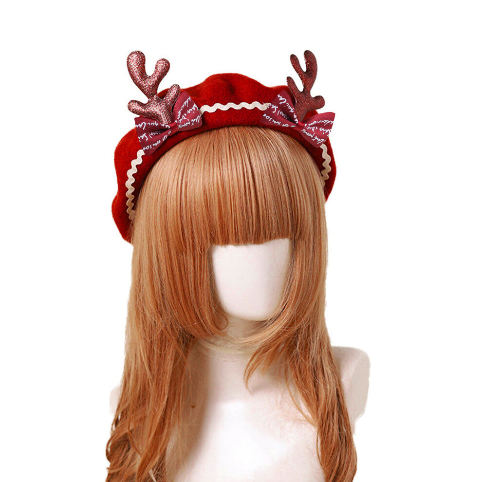 Sweet Lolita Painter Hat Japanese Christmas Fawn Beret-Red wine