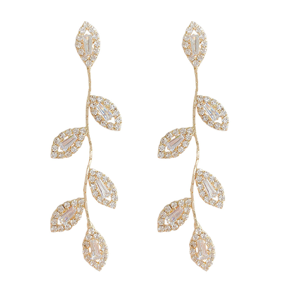 1 Pair Dangle Chain Tassel Rhinestone Leaf Glitter Earrings