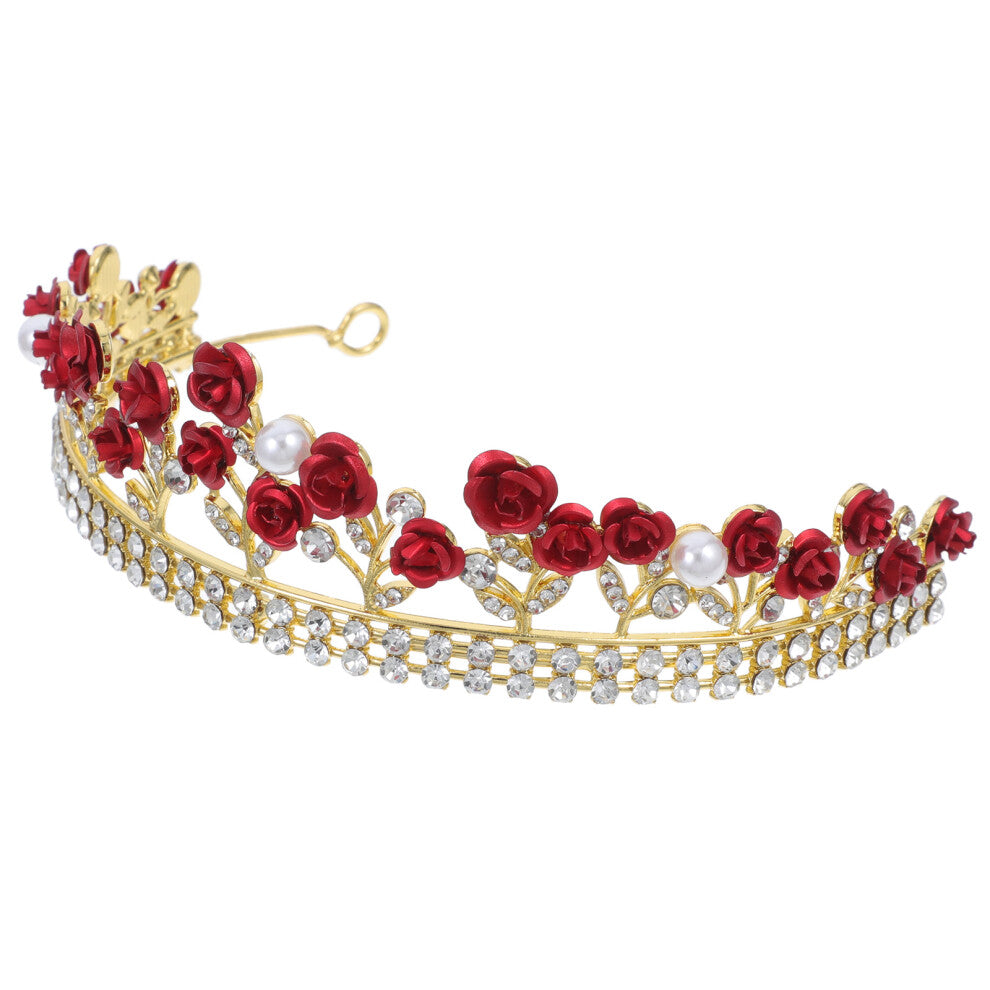 Red Rose Hair Piece Wedding Accessories For Women Rhinestone Hairband