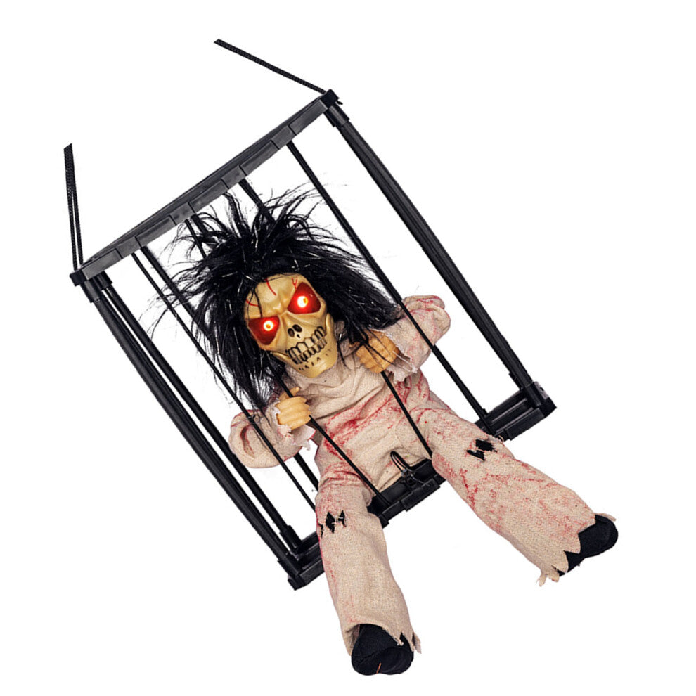 Spooky Haunted Skull Cage Prisoner Hanging Prop with Motion Sensor, Bloody Clothes, 28x23.3cm