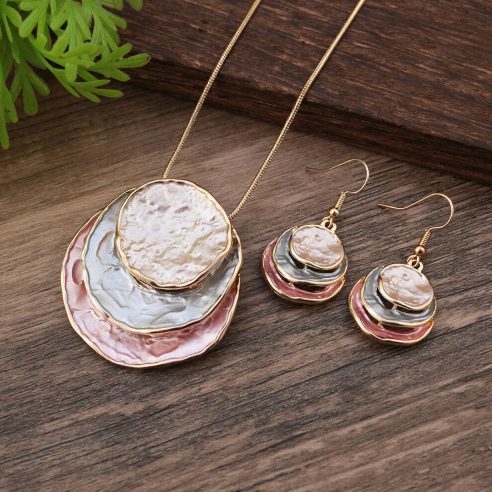 (Pink ring set - Gold) A set of Bohemian women's accessories featuring a three-layer circular hollowed-out pendant earrings with colorful painted oil