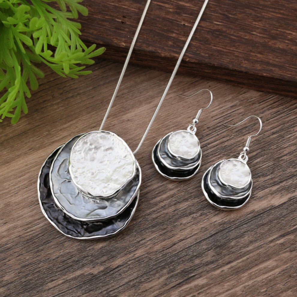 (Black, white and grey circular set - Silver) A set of Bohemian women's accessories featuring a three-layer circular hollowed-out pendant earrings wit