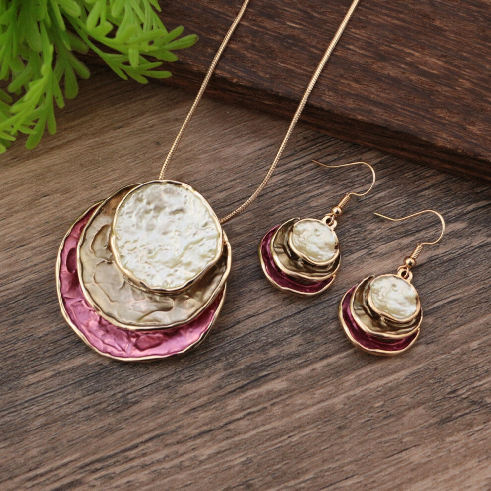 (Rose ring set - Gold) A set of Bohemian women's accessories featuring a three-layer circular hollowed-out pendant earrings with colorful painted oil