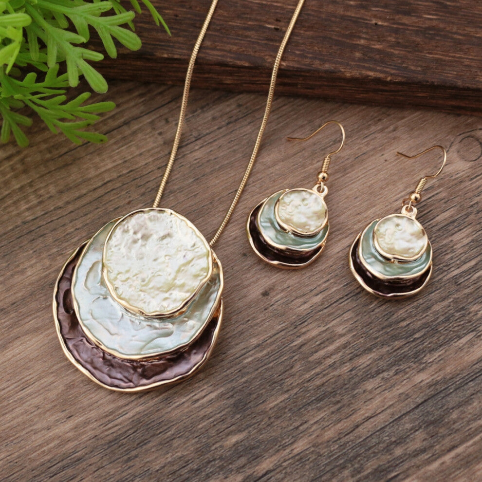 (Deep Coffee Ring Set - Gold) A set of Bohemian women's accessories featuring a three-layer circular hollowed-out pendant earrings with colorful paint