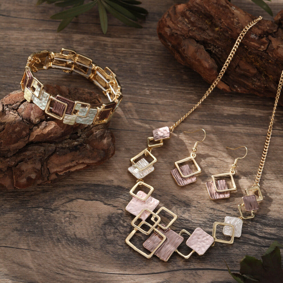 (Coffee-colored geometric square necklace, earrings and bracelet set) New color painted oil geometric square stud bracelet necklace set, high-end ladi