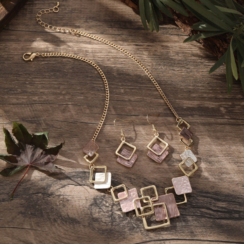 (Coffee-colored geometric square necklace - gold) New color painted oil geometric square stud bracelet necklace set, high-end ladies' accessory set