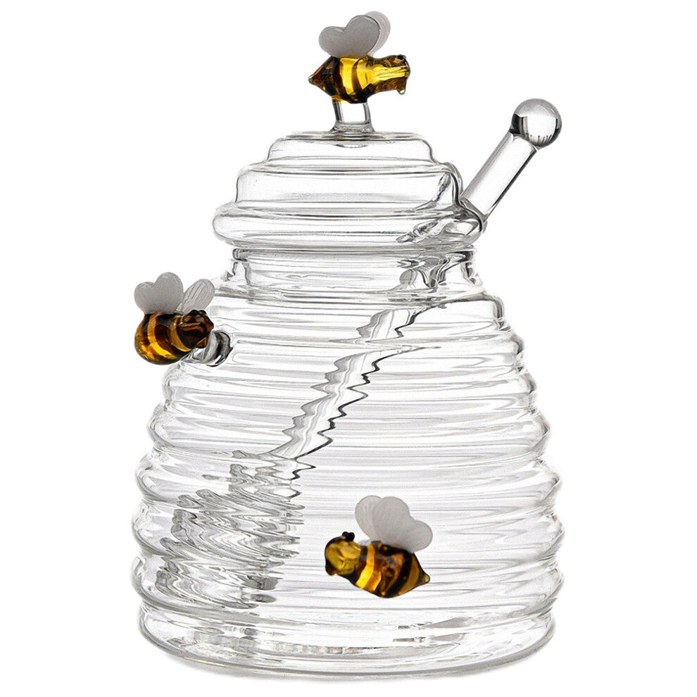 Glass Honey Pot 400ml with Dipper and Lid, Beehive Style Honey Dispenser Jar for Home Kitchen Storage