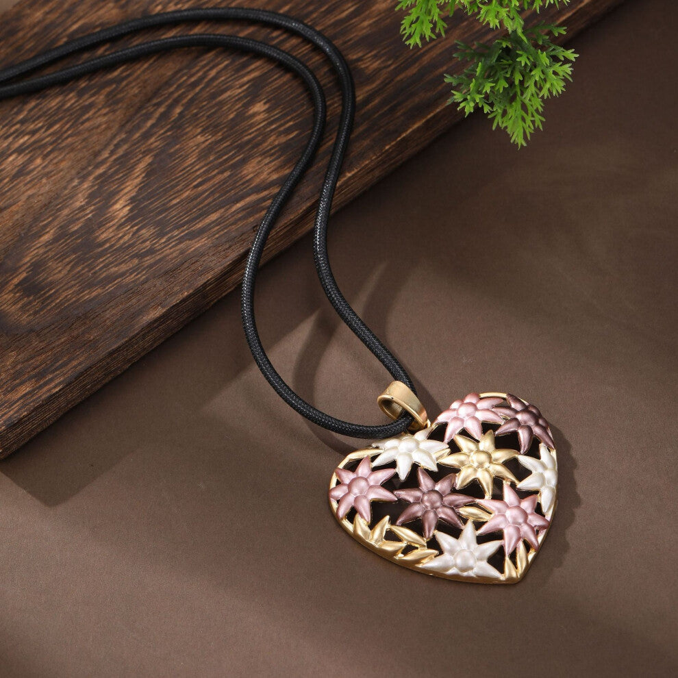 (Coffee-colored hollowed-out sunflower heart-shaped pendant - matte gold) New enamel hollowed-out sunflower heart-shaped long pendant for women, a cre