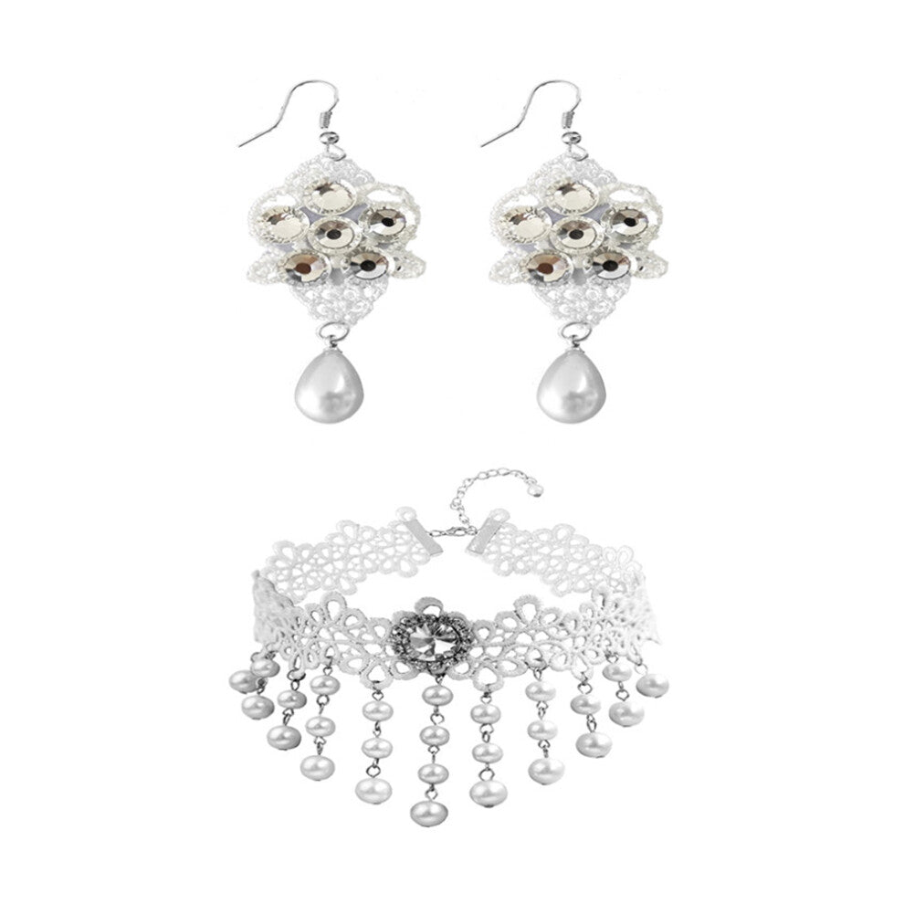 2 Sets Wedding Accessories Pearl Lace Necklace Earrings Bridal Jewelry