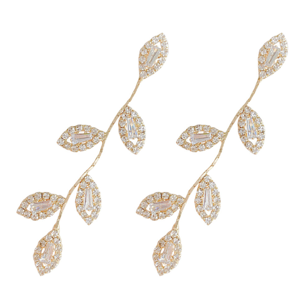 2 Pairs Dangle Chain Tassel Earrings Rhinestone Leaf Glitter