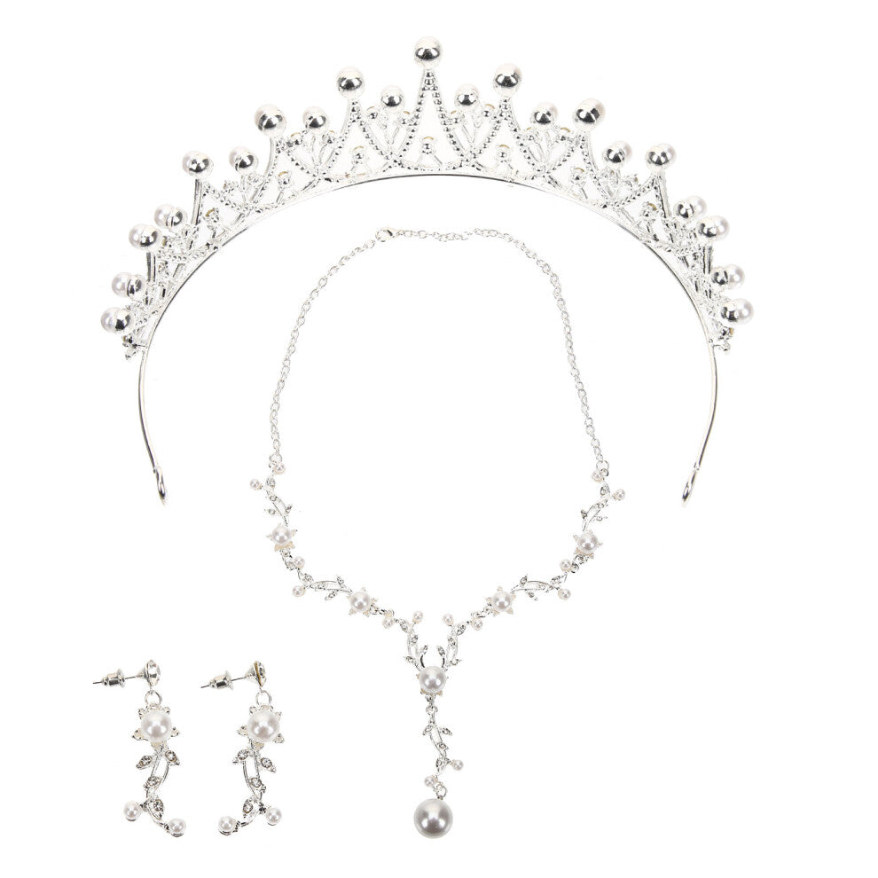 2 Sets Pearl Tiara Earrings Necklace Wedding Accessories
