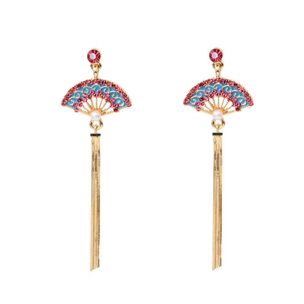 3 Pairs Folding Fan Tassel Ear Studs Chinese Style Long Earbobs