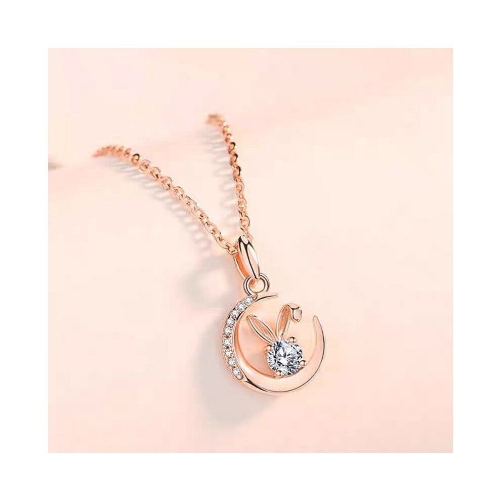 (Rose gold) Moonlit jade Rabbit diamond-encrusted necklace for girls, fresh, cute, sweet, simple and niche design collarbone chain