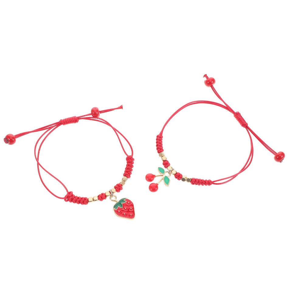 2pcs Red String Bracelets with Strawberry Cherry Charms Woven Rope
