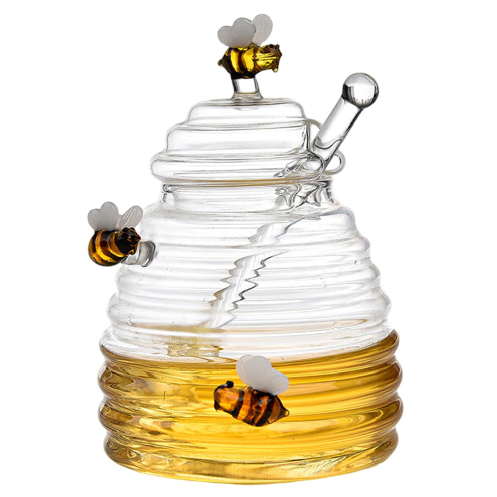 Glass Honey Dispenser with Dipper and Lid, Portable Clear Wide Mouth Honey Pot for Kitchen, Functional Syrup Dispenser
