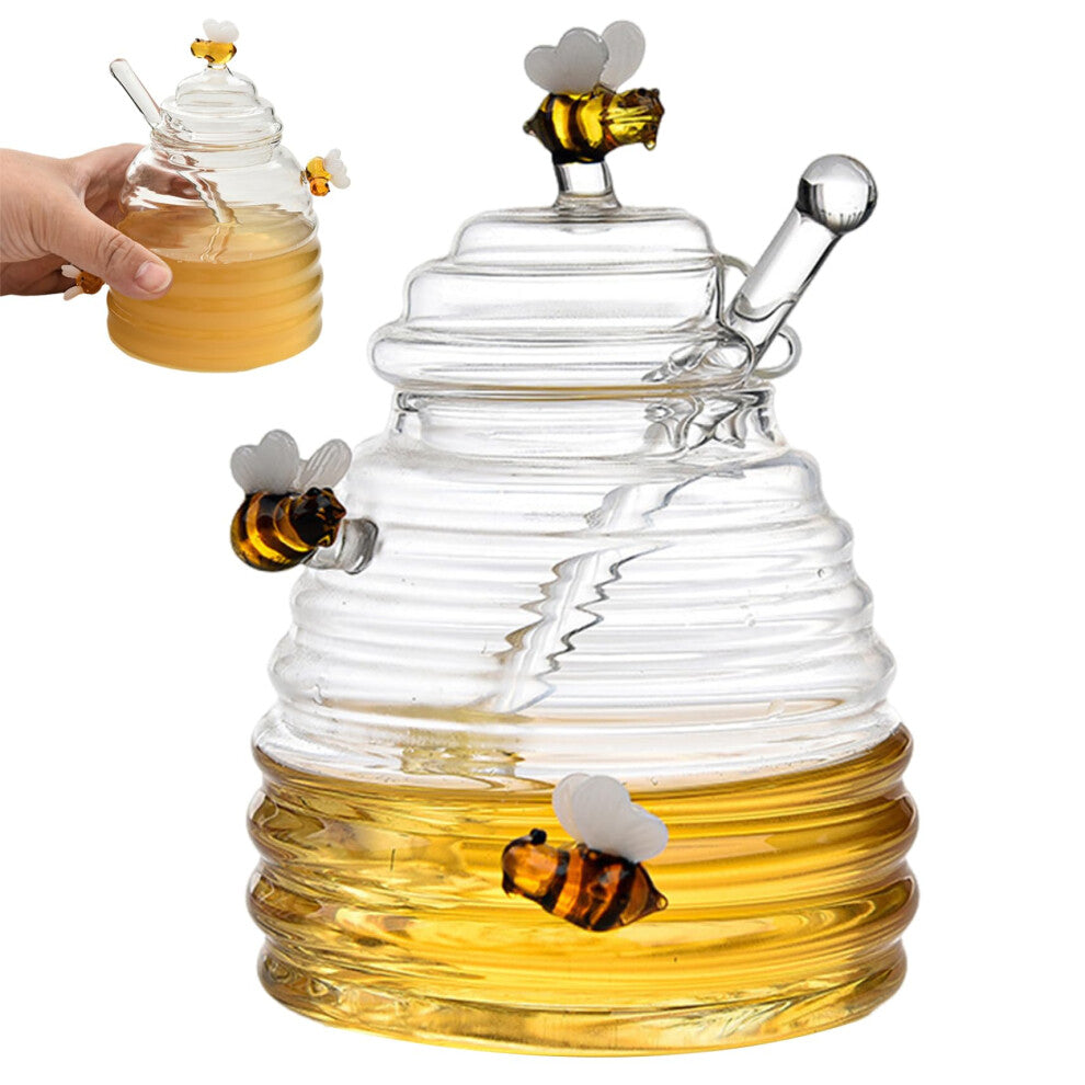 Honey Pot with Dipper - 500ml Clear Glass Jar with Lid for Honey and Syrup Storage, Kitchen and Dining Essential