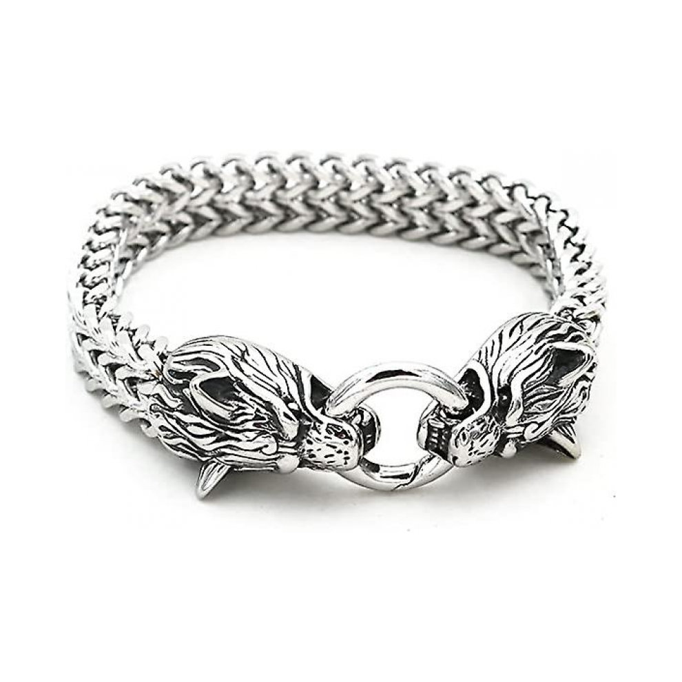 (23cm)Viking Wolf Head Bracelet For Men Stainless Steel King Chain Norse Jewelry Biker Amulet Odin's Wolf Bracelets